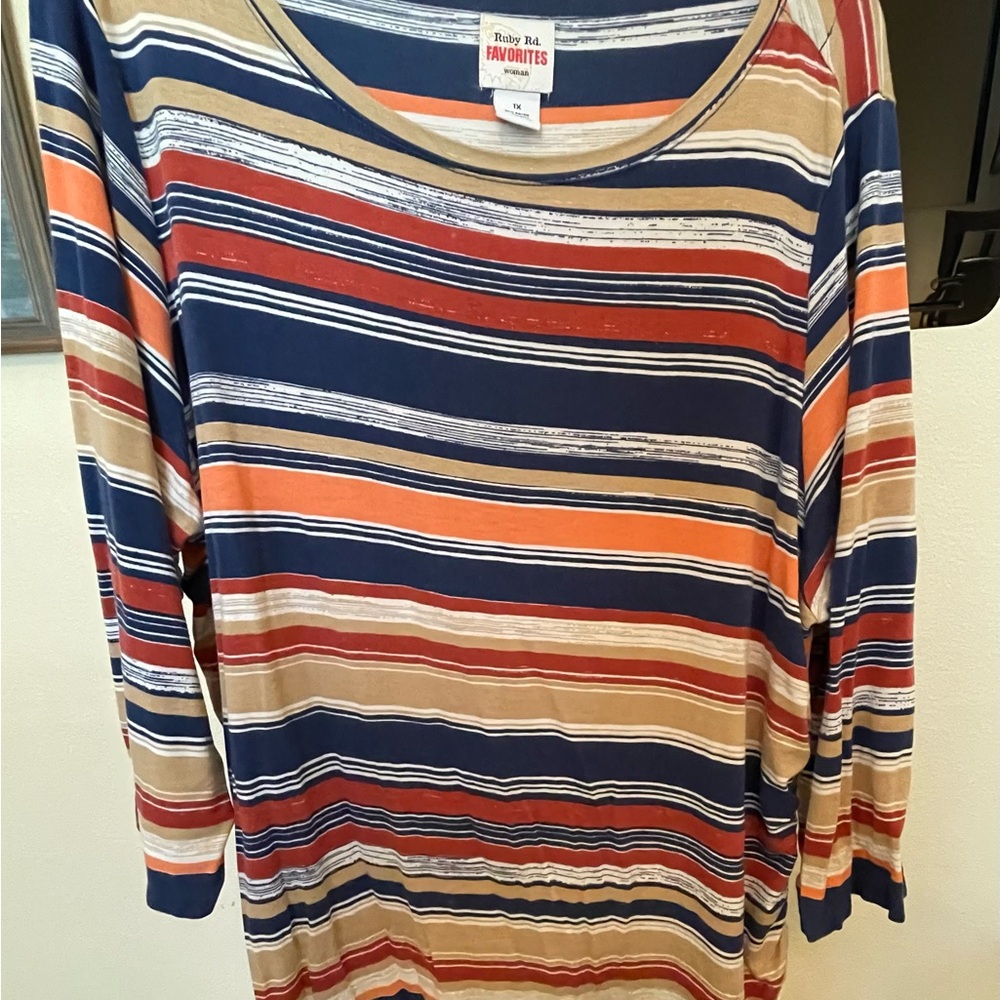 Ruby Rd. Women's Striped Top - Blue, Orange, Tan